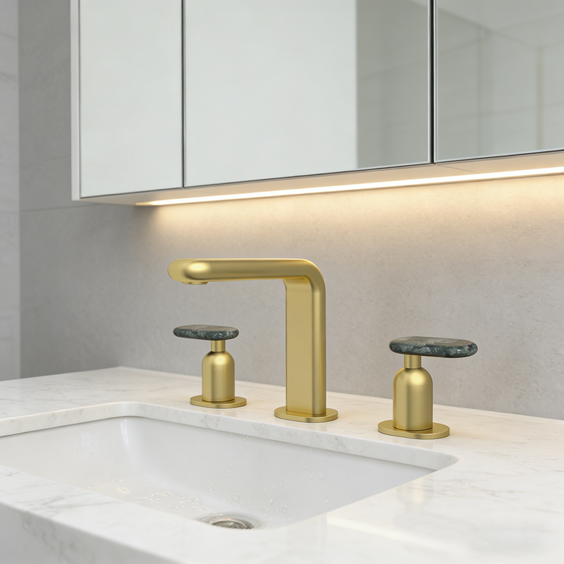 Commercial Bathroom Hardware Solid Brass Three Hole Deck Mounted Basin Faucet Dual Handle Ceramic Mixer Water Tap
