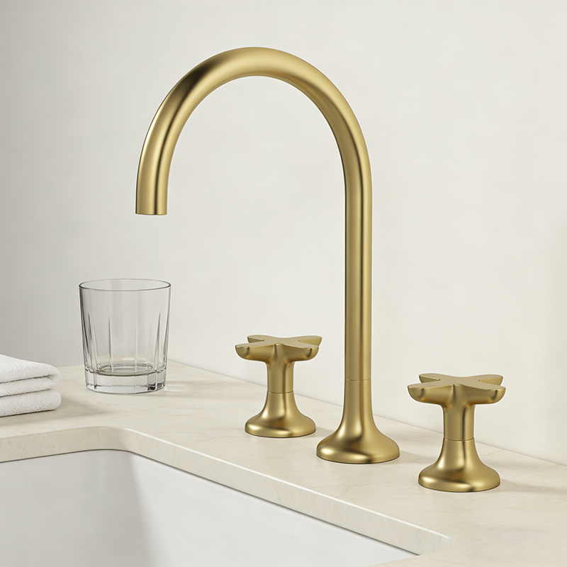 Commercial Bathroom Hardware Solid Brass Three Hole Deck Mounted Basin Faucet Dual Handle Ceramic Mixer Water Tap